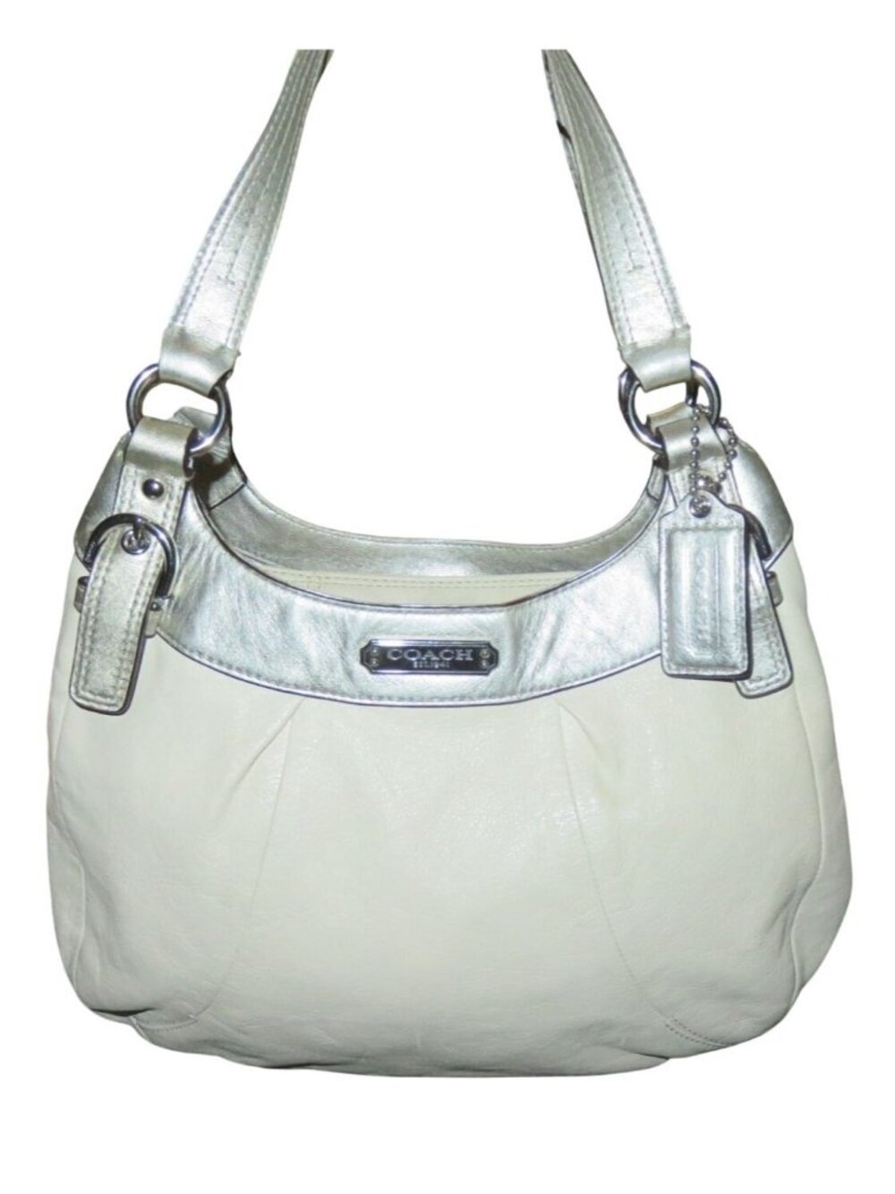 Coach 2012 Lynn Soho Cream Leather with Metallic Silver Trimmed Hobo Handbag